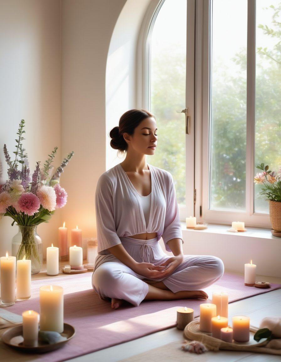 A serene scene of a woman meditating by a window with natural sunlight, surrounded by essential oils, candles, and skincare products, showcasing a feeling of tranquility and self-care. The background features soft pastel colors and blooming flowers, highlighting a sense of inner grace and beauty. super-realistic. vibrant colors. white background.