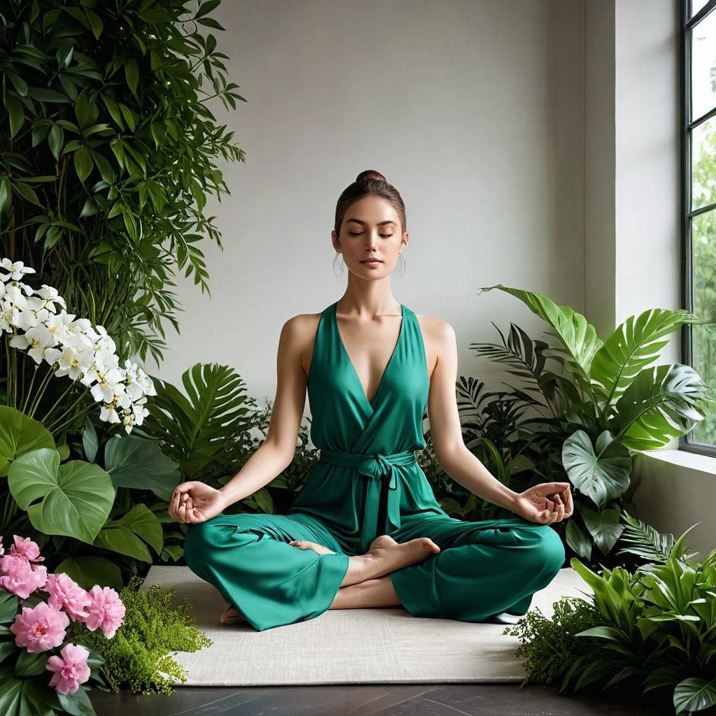 A serene scene featuring a meditating figure surrounded by lush, green nature blended with modern, chic fashion elements; glowing aura symbolizing inner beauty, stylish accessories, and minimalist, elegant decor adding a touch of luxury. vibrant colors, super-realistic, serene atmosphere.